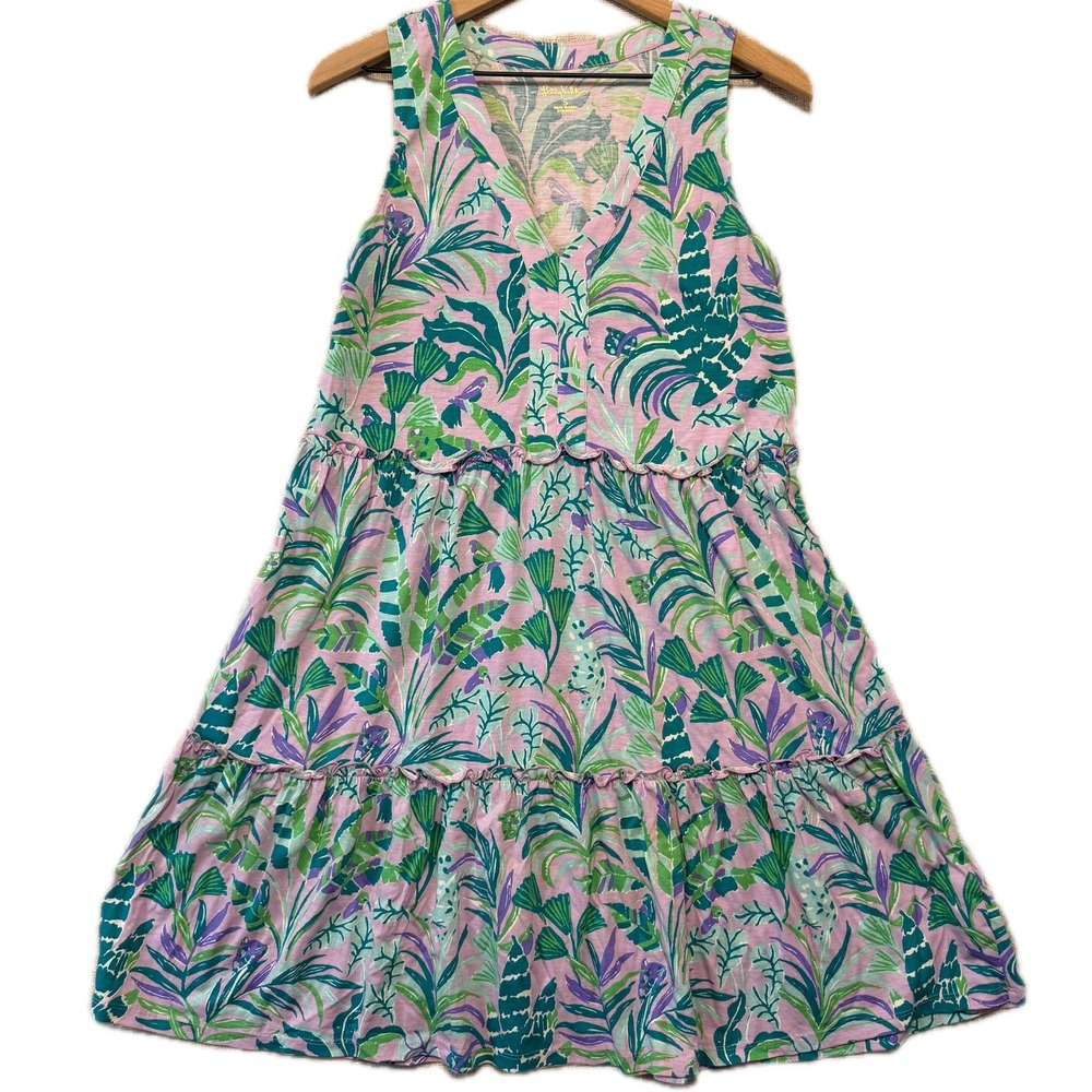 LILLY PULITZER Dress Womens Small Etta V-Neck Tiered Lilac Tropical Leaf Cotton